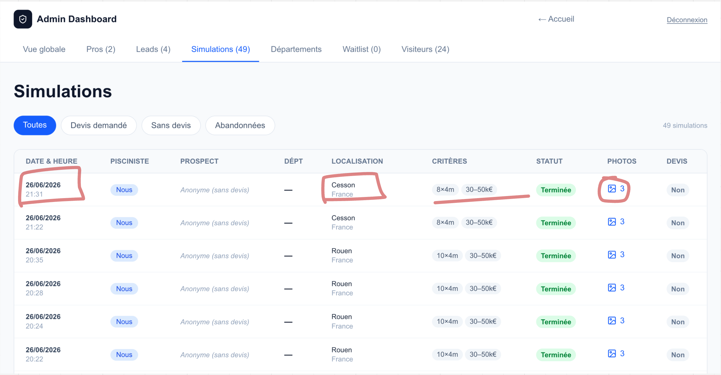 Votre Dashboard Pro PiscineIA — liste des simulations avec date, localisation, critères, photos